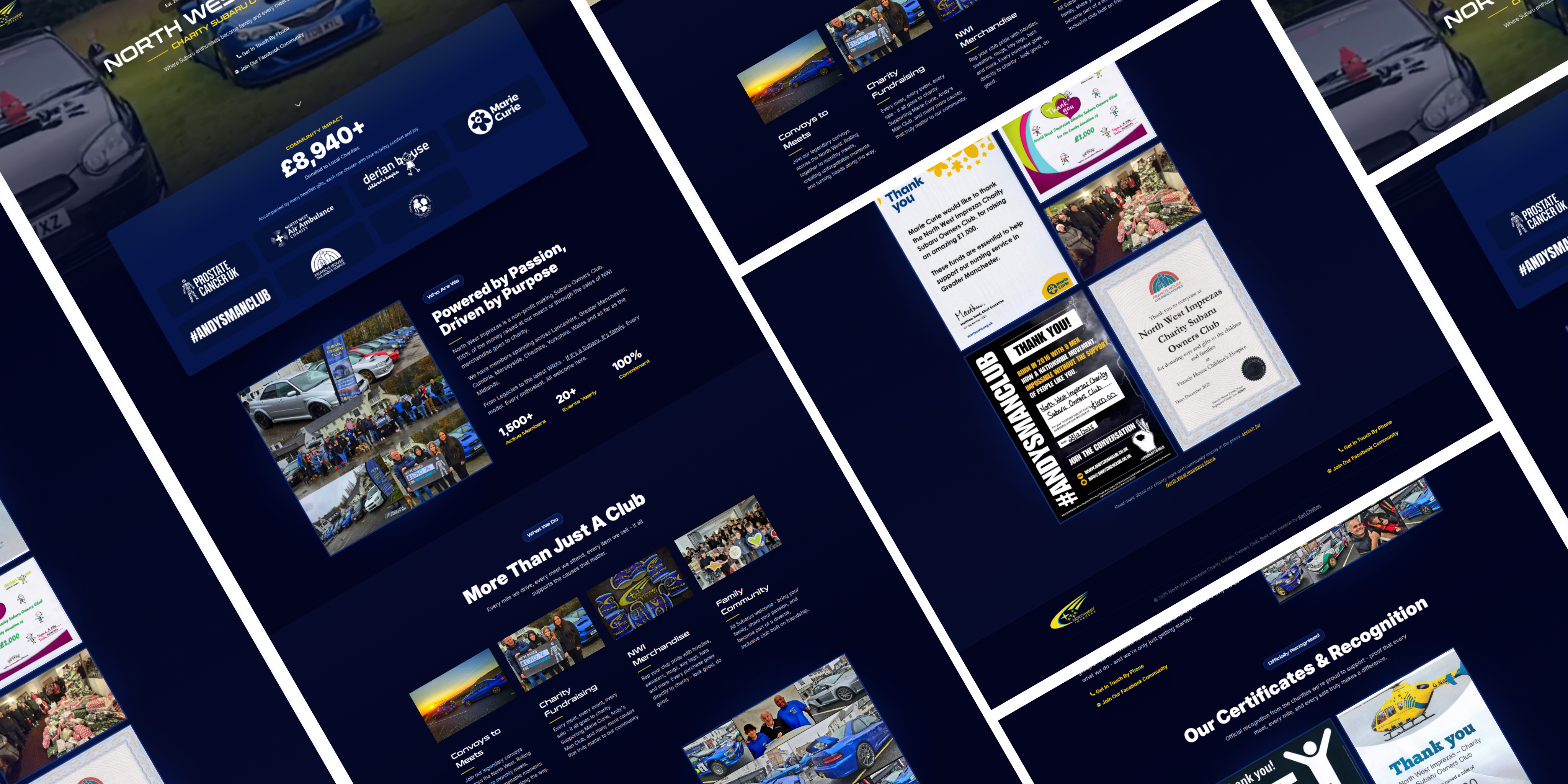 Screenshots of North West Imprezas website showing various sections and features